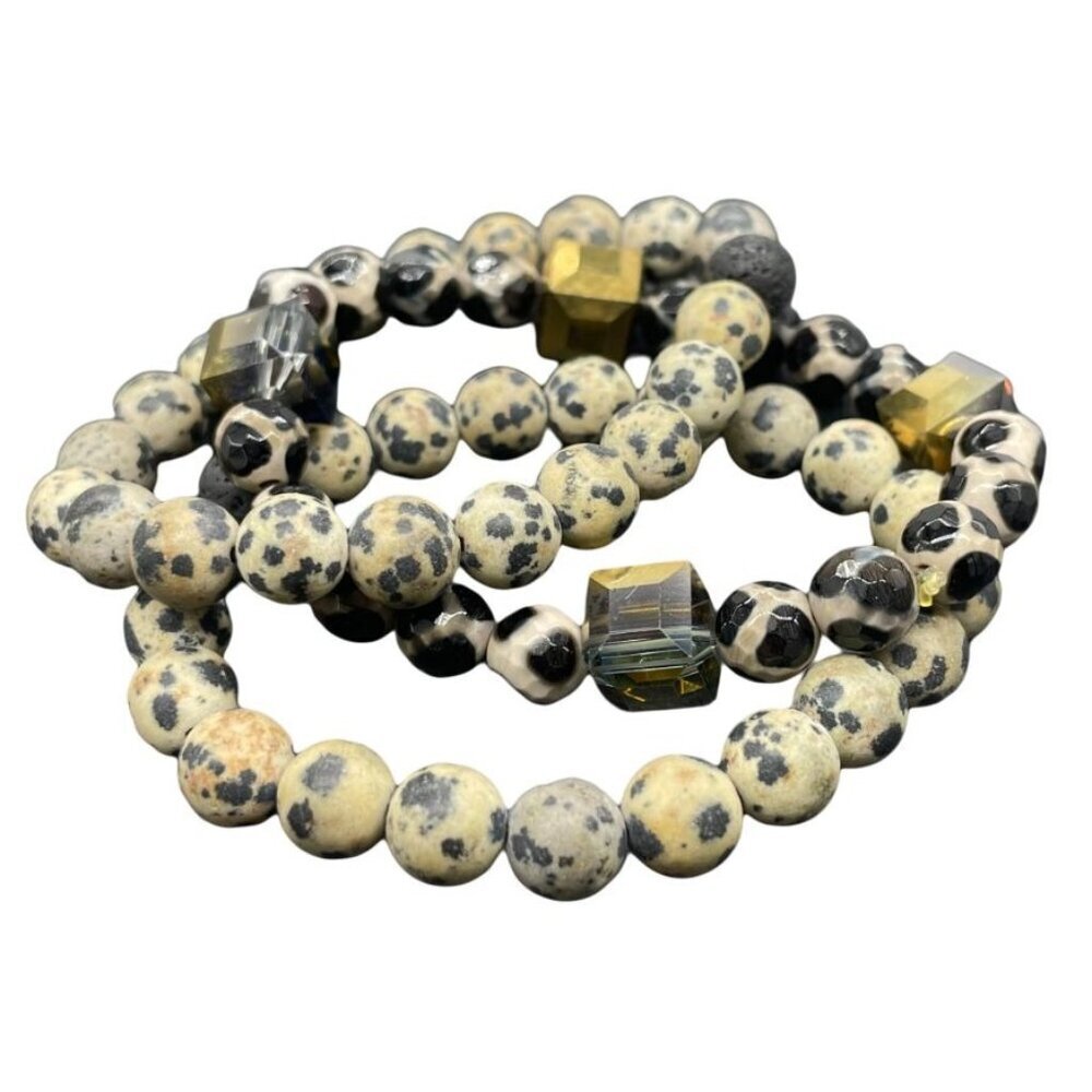 Dalmation Jasper & Lava Round Beaded Crystal Stretch Bangle Bracelet Set of Two